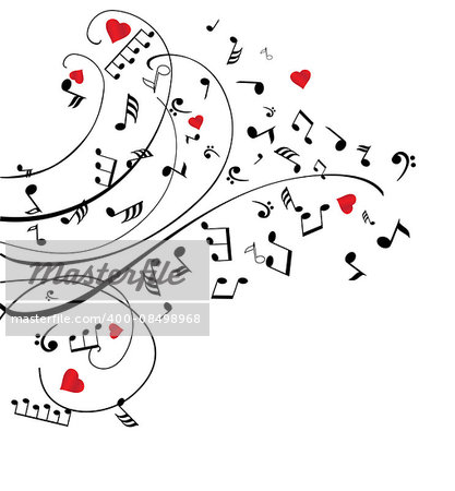 vector illustration of background with swirls, musical notes and hearts