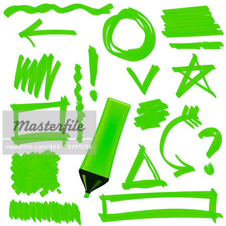 Green Marker Isolated on White Background. Set of Graphic Signs. Arrows, Circles, Correction Lines