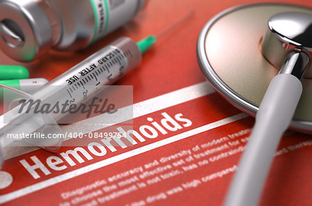 Hemorrhoids - Printed Diagnosis on Orange Background with Blurred Text and Composition of Pills, Syringe and Stethoscope. Medical Concept. Selective Focus. 3D Render.