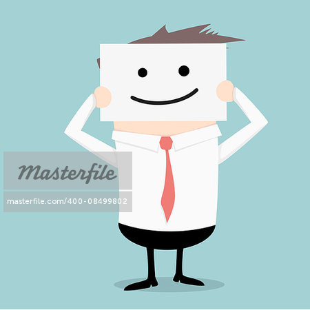 minimalistic illustration of a businessman hiding his real face behind a smile mask, eps10 vector