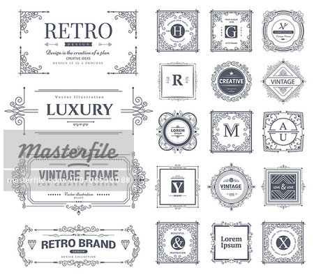 Collection of vintage flourishes calligraphic ornaments and frames. Retro style of design elements, decorations for postcard, banners, logos. Vector template