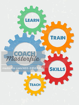 coach, learn, train, skills, teach - business education motivation concept words - blue text in colorful grunge flat design gear wheels