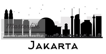 Jakarta City skyline black and white silhouette. Vector illustration. Simple flat concept for tourism presentation, banner, placard or web site. Business travel concept. Cityscape with landmarks