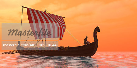 A Viking longboat sails through ocean calm waters to their destinations for trade goods.