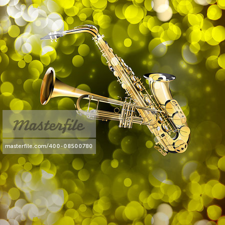 Vector illustration of saxophone and trumpet on the background with flares. You can use any text as a poster, advertisement or separately.