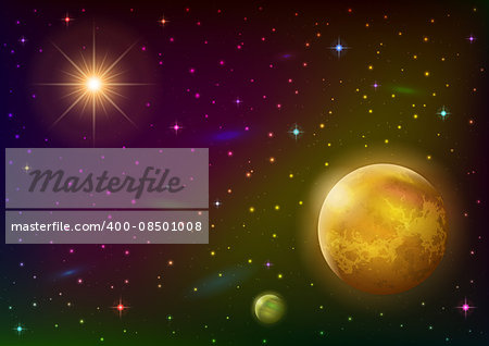 Fantastic space background with unexplored yellow planet, satellite, sun, stars and nebulas. Elements of this image furnished by NASA (http://solarsystem.nasa.gov). Eps10, contains transparencies. Vector