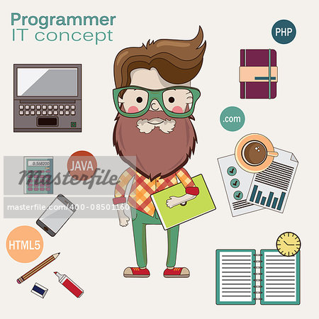 Programmer with glasses, a beard and a laptop. programmer on the background of things for the programmer, Java, Css, HTML