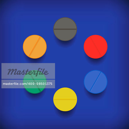 Set of Colorful Pills Isolated on Soft Blue Background