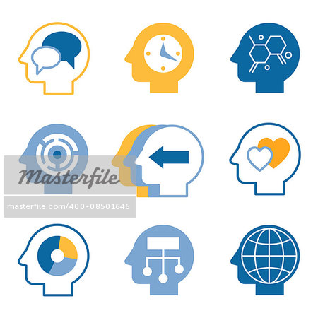 Head brain, mind process vector icons set