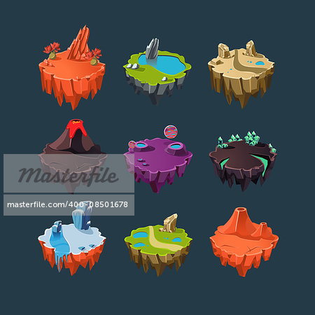 Isometric 3d Islands mountains lake waterfall volcano, Elements for games