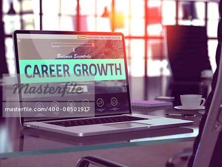 Career Growth Concept - Closeup on Laptop Screen in Modern Office Workplace. Toned Image with Selective Focus. 3D Render.