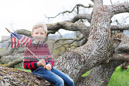 portrait of cheerful patriotic boy holding american flag and celebrating 4th of july