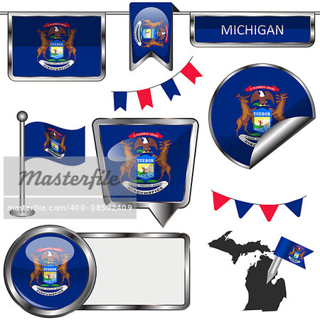 Vector glossy icons of flag of state Michigan on white