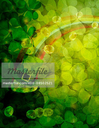 St Patricks Day Shamrock Leaves Border and Background with Pot of Gold Coins Leprechaun Hat Rainbow Illustration