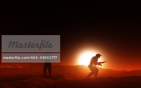 3D render of soldiers in active combat in the desert at sunset