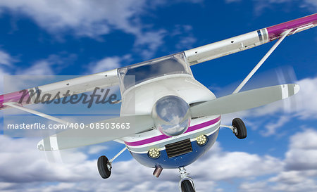 The Front of A Cessna 172 Single Propeller Airplane In The Sky.