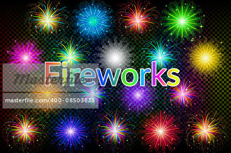 Set of Various Bright Colorful Celebratory Fireworks, Color Elements for Holiday Web Design on Dark Background with Grid. Eps10, Contains Transparencies. Vector