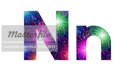 Set of English letters signs uppercase and lowercase N, stylized colorful holiday firework with stars and flares, elements for web design. Eps10, contains transparencies. Vector