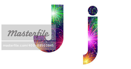 Set of English letters signs uppercase and lowercase J, stylized colorful holiday firework with stars and flares, elements for web design. Eps10, contains transparencies. Vector