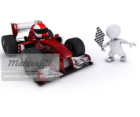 3d render of Morph man with open wheeled racing car