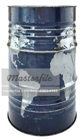 rusty oil barrel with a world map. Isolated on a white background. Earth map furnished by NASA.