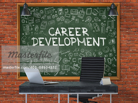 Career Development Concept Handwritten on Green Chalkboard with Doodle Icons. Office Interior with Modern Workplace. Red Brick Wall Background. 3D.