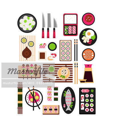 Restaurant Asian Cuisine. Vector Flat Illustration Set