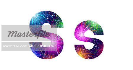 Set of English letters signs uppercase and lowercase S, stylized colorful holiday firework with stars and flares, elements for web design. Eps10, contains transparencies. Vector