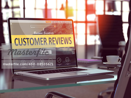 Customer Reviews Concept. Closeup Landing Page on Laptop Screen  on background of Comfortable Working Place in Modern Office. Blurred, Toned Image. 3D Render.