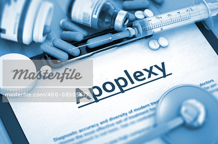 Apoplexy Diagnosis, Medical Concept. Composition of Medicaments. Apoplexy - Printed Diagnosis with Blurred Text. Apoplexy, Medical Concept with Selective Focus. 3D.