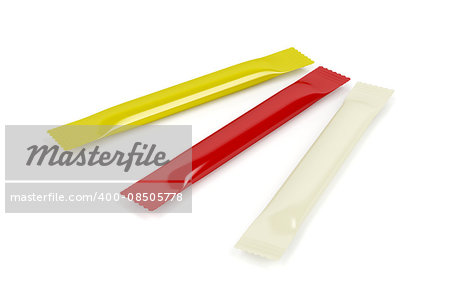 Mustard, ketchup and mayonnaise sachets on white background