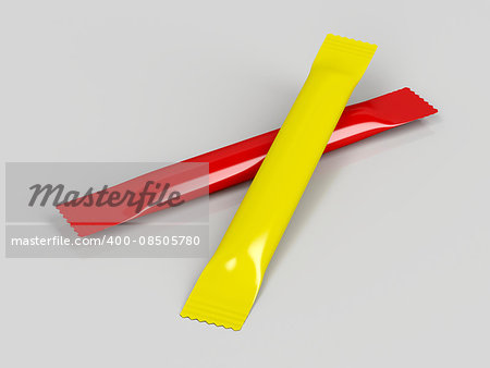 Sachets for ketchup and mustard on gray background