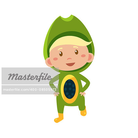 Cute Kid In Avocado Costume. Vector Illustration