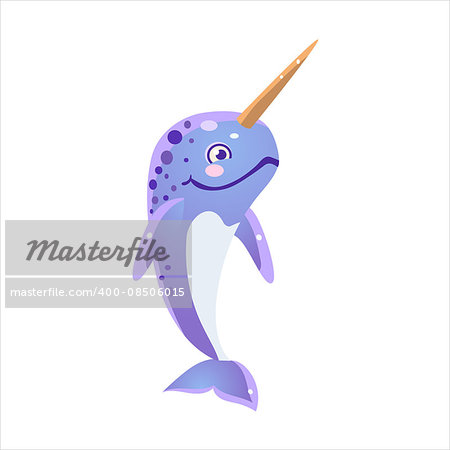 Blue Narwhal Character Isolated Flat Childish Colorful Vector Icon On White Background