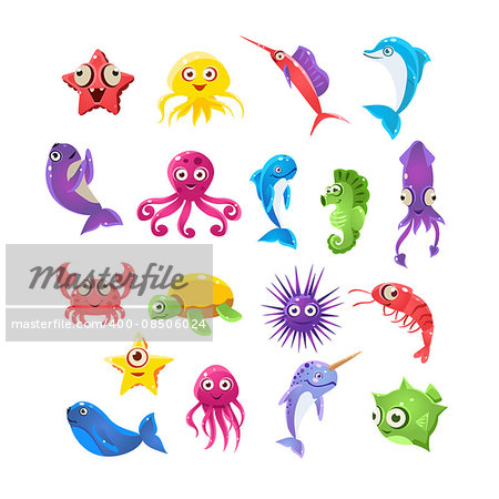 Marine Animals Collection Of Isolated Flat Childish Colorful Vector Icons On White Background