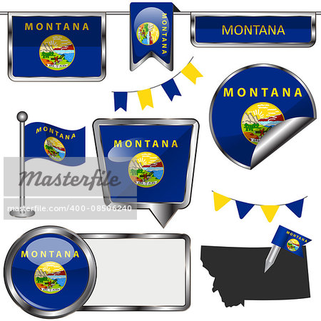 Vector glossy icons of flag of state Montana on white