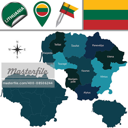 Vector map of Lithuania with named counties and travel icons
