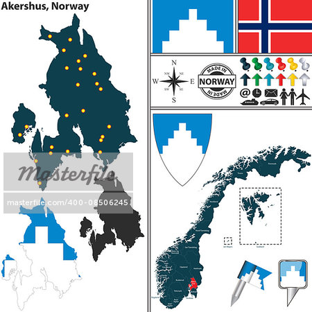 Vector map of county Akershus with coat of arms and location on Norwegian map
