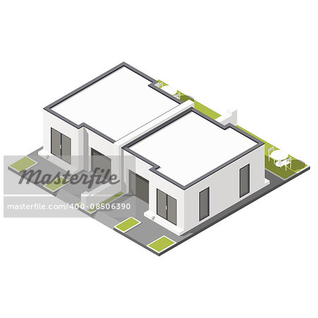 One storey connected cottage with flat roof for two families isometric icon set vector grpahic illustration