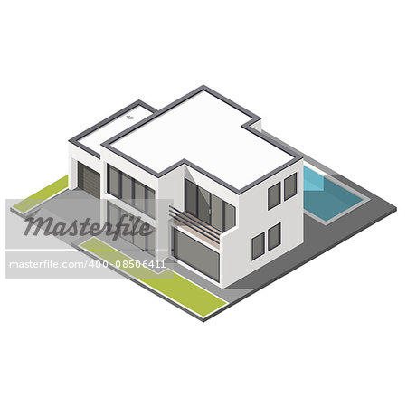 Modern two-story house with flat roof sometric icon set vector graphic illustration
