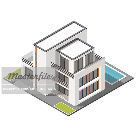 Modern three storey house with flat roof sometric icon set vector graphic