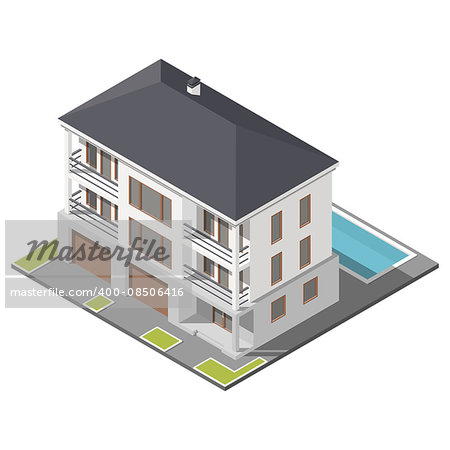 Modern three storey house with slant roof sometric icon set vector graphic