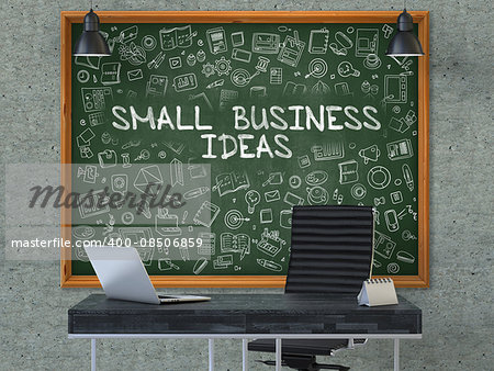 Green Chalkboard with the Text Small Business Ideas Hangs on the Gray Concrete Wall in the Interior of a Modern Office. Illustration with Doodle Style Elements. 3D.