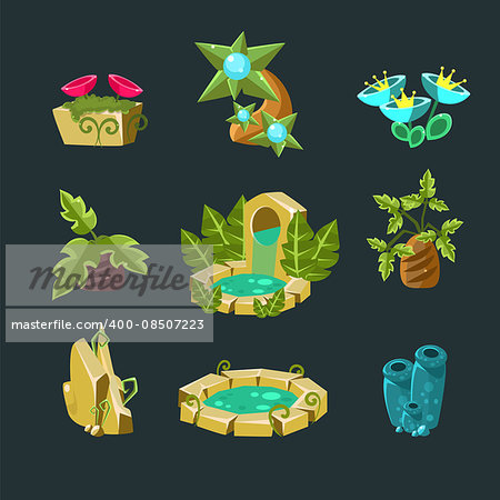 Landscpe Elements Collection For Video Game Creation In Fantasy Style Isolated Objects On Black Background