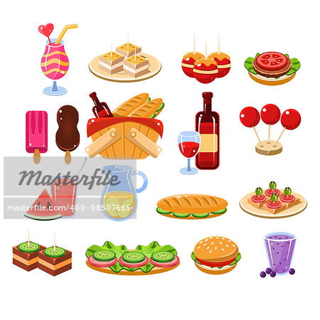 Picnic Food And Drink Set Cartoon Flat Vector Isolated Illustration On White Background