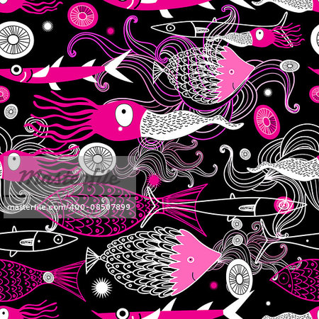 Seamless sea pattern image of squid and fish on a black background