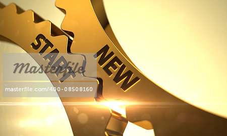 Golden Metallic Gears with New Start Concept. New Start on the Mechanism of Golden Cogwheels with Glow Effect. New Start on Mechanism of Golden Cog Gears. 3D Render.