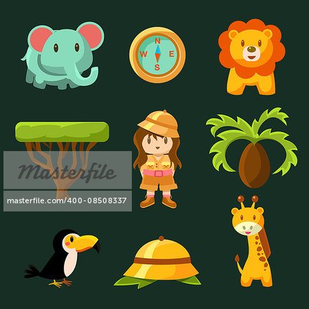 Female Jungle Explorer Collection Of Flat Vector Cartoon Style Isolated Cute Girly Drawings On Black Background