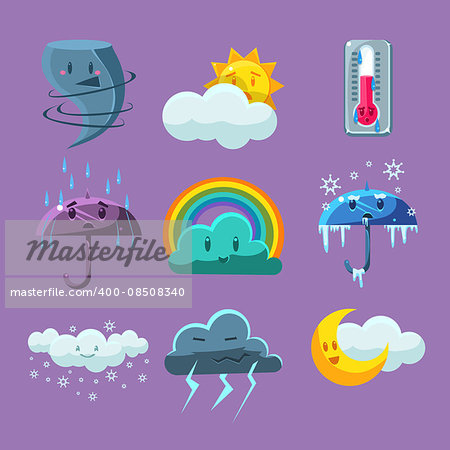 Cartoon Weather Set Of Flat Vector Cartoon Style Isolated Cute Girly Drawings On Light Blue Background