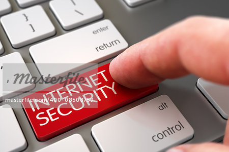 Close Up View of Male Hand Touching Internet Security Computer Key. Modern Keyboard with Red Internet Security Keypad. Hand Pushing Red Internet Security Slim Aluminum Keyboard Keypad. 3D Render.